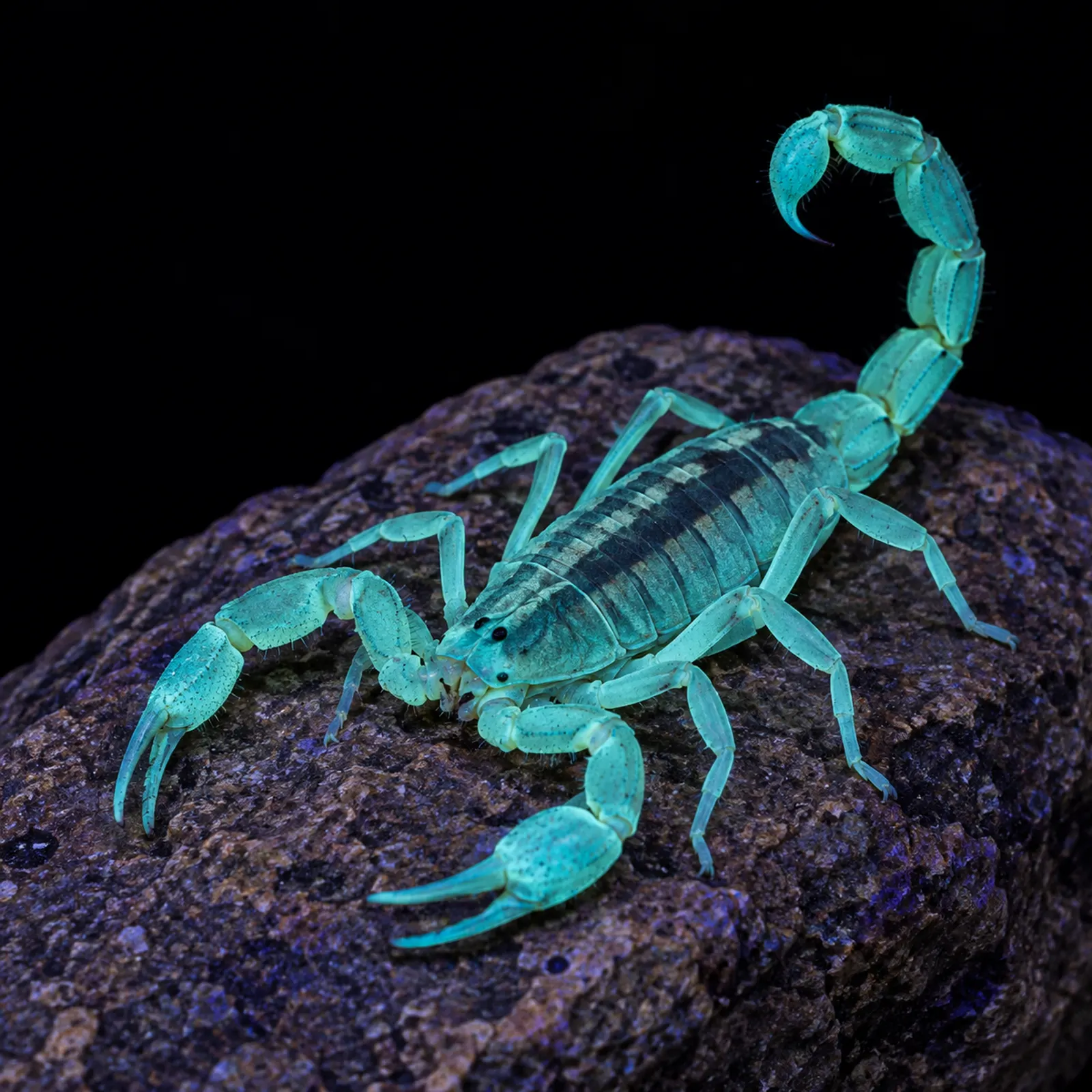 Striped bark scorpion glowing under UV light