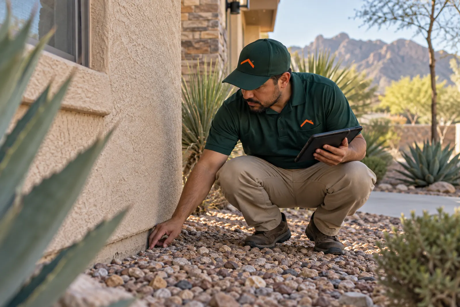 ARK technician inspecting the perimeter of an El Paso home