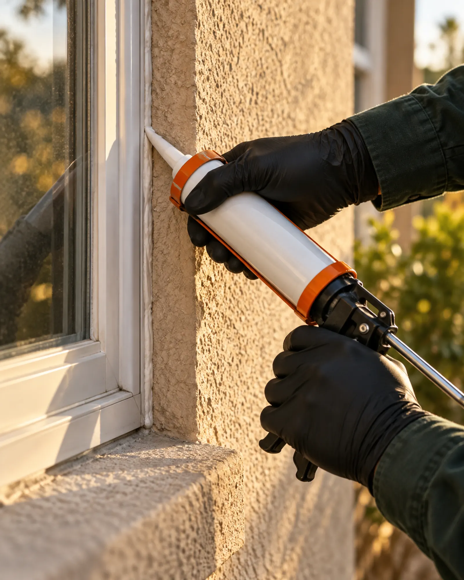Technician sealing the gap around a stucco window
